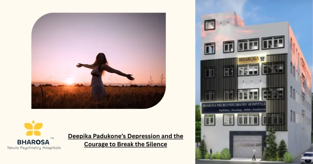 Deepika Padukone's depression shown through a reflective portrait conveying courage, recovery, and depression awareness
