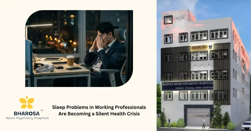 Sleep Problems in Working Professionals being depicted by s working professional experiencing burnout and mental fatigue