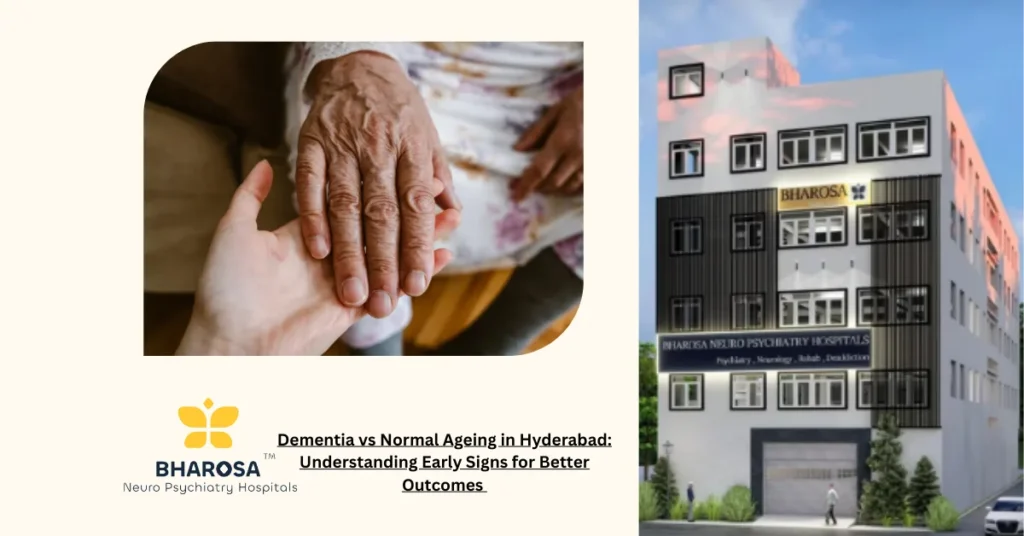 Confused elderly woman receiving support for Dementia vs Normal Ageing in Hyderabad
