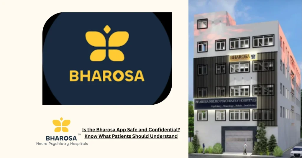 Secure Bharosa App dashboard showing psychiatric consultation and confidential chat options in Hyderabad