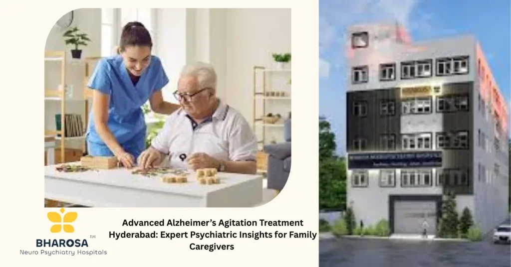 Caregiver holding elderly woman’s hand during advanced Alzheimer’s agitation treatment Hyderabad