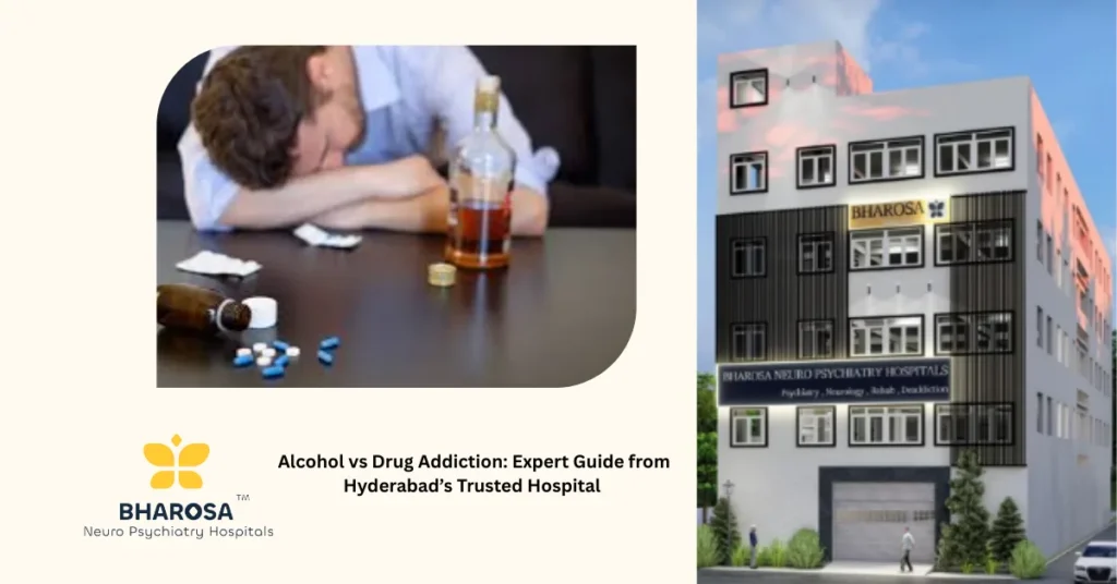 Alcohol vs Drug Addiction: Expert Guide from Hyderabad’s Trusted Hospital showing deaddiction therapy.