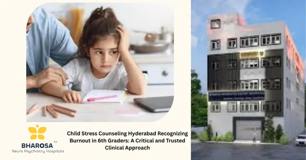 Child Stress Counseling Hyderabad Recognizing Burnout in 6th Graders: Child at study desk showing signs of stress with caring parent in Hyderabad home