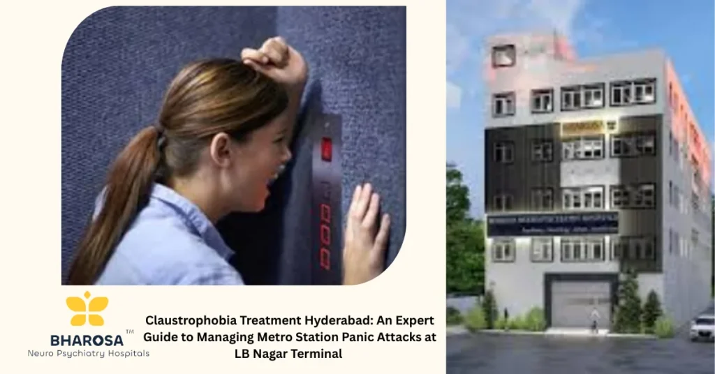 Young commuter managing anxiety at LB Nagar metro using Bharosa Hospitals App for Claustrophobia Treatment HyderabadYoung commuter managing anxiety at LB Nagar metro using Bharosa Hospitals App for Claustrophobia Treatment Hyderabad