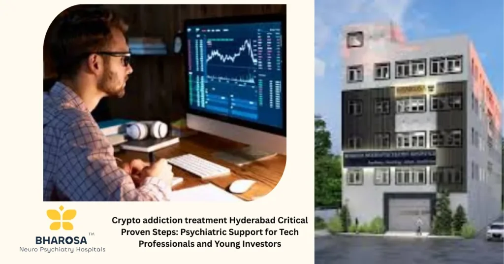 A psychiatrist supports a techie in virtual consultation for crypto addiction treatment Hyderabad Critical Proven Steps