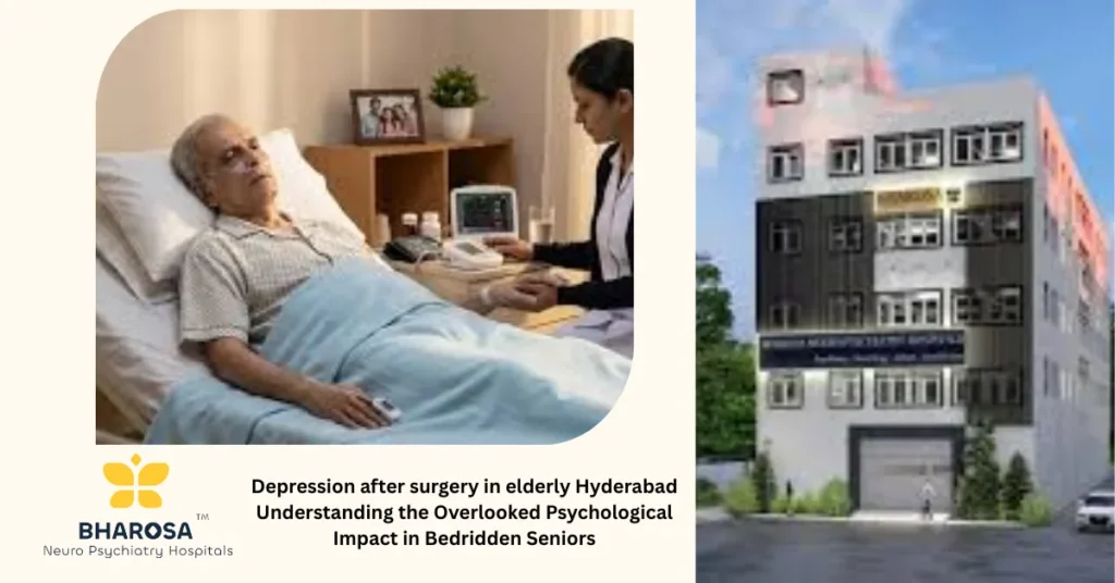 Elderly woman in hospital bed with family and nurse Bharosa Neuro-Psychiatry Hospitals Depression after surgery in elderly Hyderabad