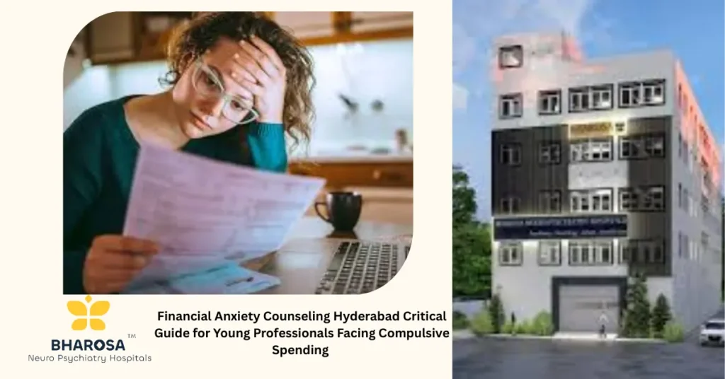 Financial Anxiety Counseling Hyderabad young professional reviewing expenses compulsive spending in Hyderabad
