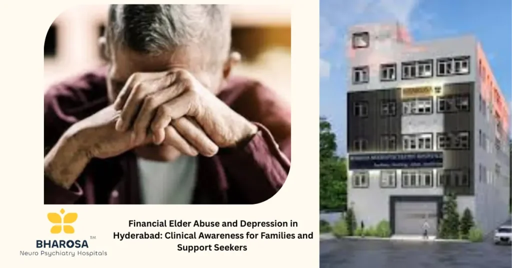 Elderly man with family showing signs of Financial Elder Abuse and Depression in Hyderabad.