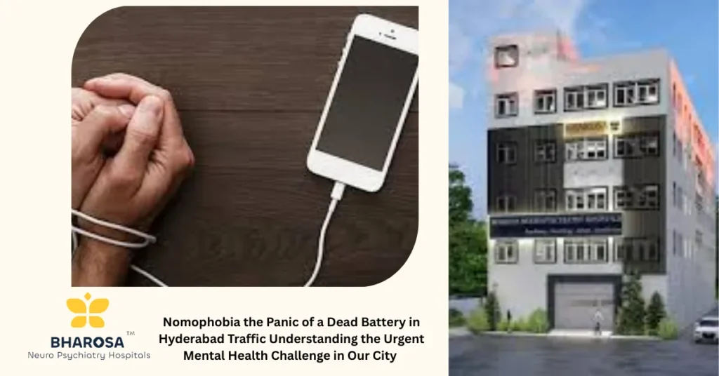 Nomophobia the Panic of a Dead Battery in Hyderabad Traffic image showing a patient feeling anxious in Cyber Towers traffic, Hyderabad due to low phone battery anxiety