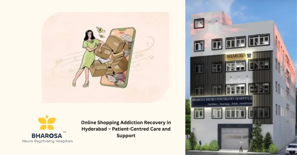 Online Shopping Addiction Recovery in Hyderabad showing a woman overwhelmed by digital shopping.