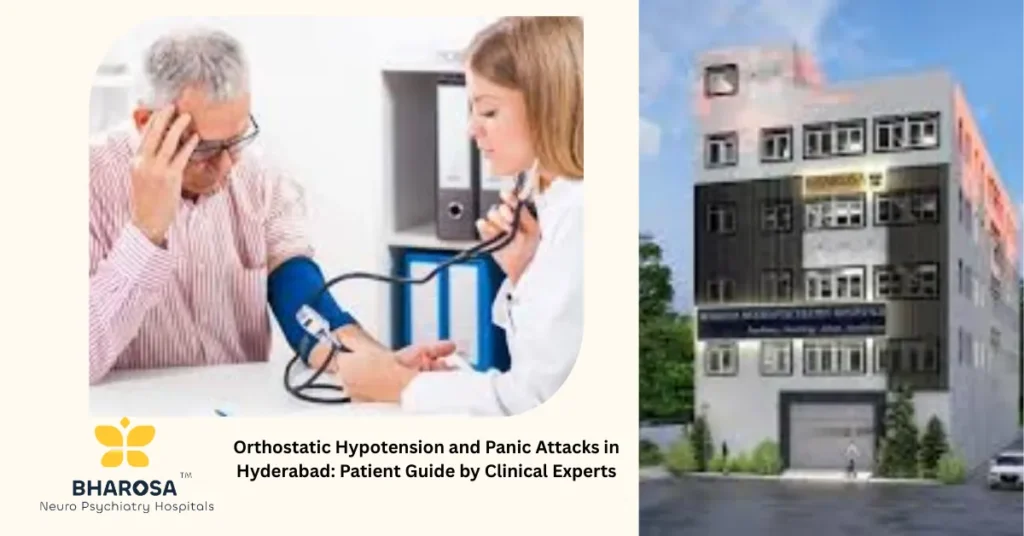 Patient experiencing Orthostatic Hypotension and Panic Attacks in Hyderabad with hospital support in background.