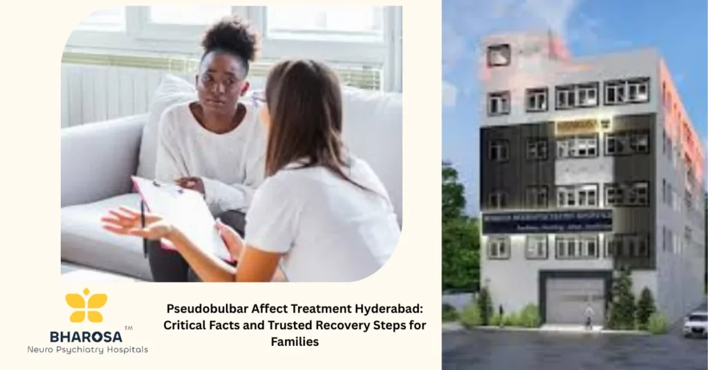Patient receiving pseudobulbar affect treatment Hyderabad with supportive family and Bharosa Hospitals App visible