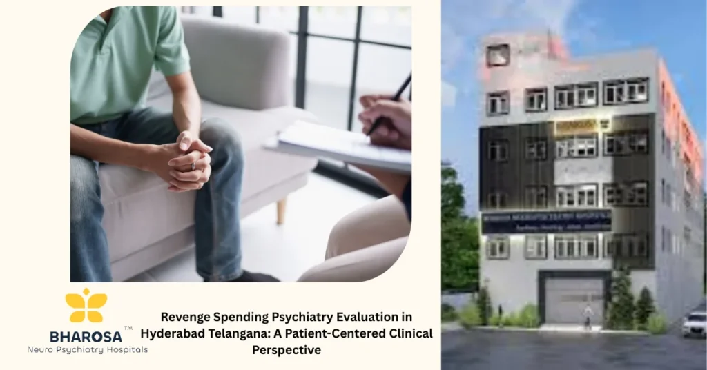 Individual experiencing revenge spending psychiatry evaluation in Hyderabad Telangana at a Hyderabad mall