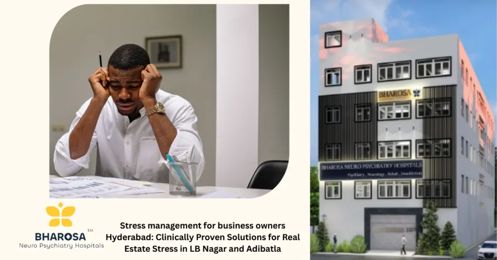 Indian business owner practicing stress management for business owners Hyderabad in office video consultation setting
