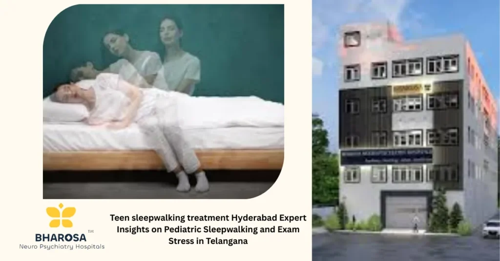 A parent supports a sleepwalking teen at home highlighting Teen sleepwalking treatment Hyderabad