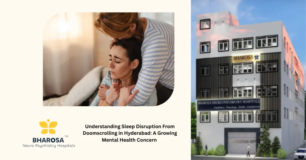 Young woman experiencing Sleep Disruption From Doomscrolling in Hyderabad at night.