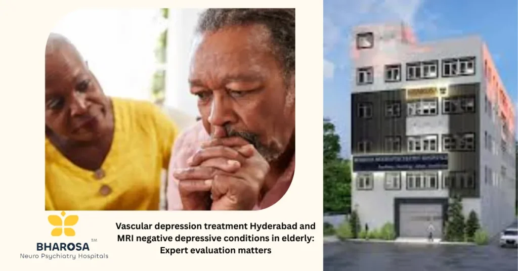 Senior woman and son review doctor appointment on Bharosa app showcasing vascular depression treatment Hyderabad