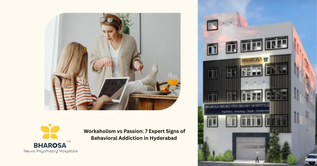 exhausted IT professional late at night showing signs of Workaholism vs Passion: 7 Expert Signs of Behavioral Addiction in Hyderabad