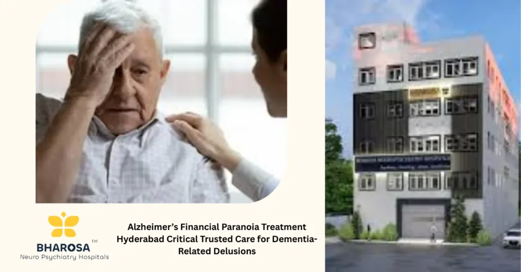 Elderly patient displaying confusion and concern with a family member in a home setting highlighting Alzheimer’s financial paranoia treatment Hyderabad