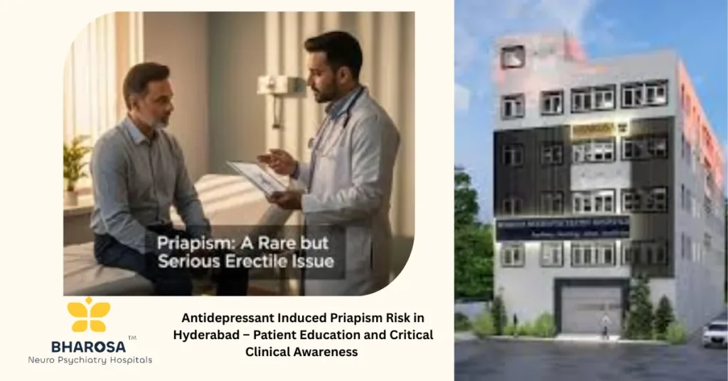 Patient and Bharosa psychiatrist discuss Antidepressant Induced Priapism Risk in Hyderabad in a clinical consultation room