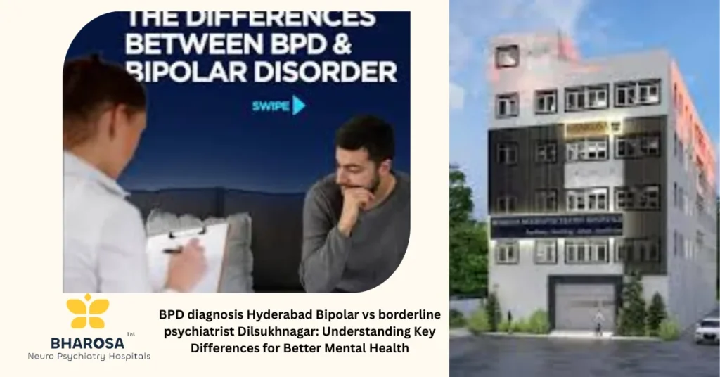 BPD diagnosis Hyderabad Bipolar vs borderline psychiatrist Dilsukhnagar shown as a clinical consultation with clocks depicting timing of mood swings.