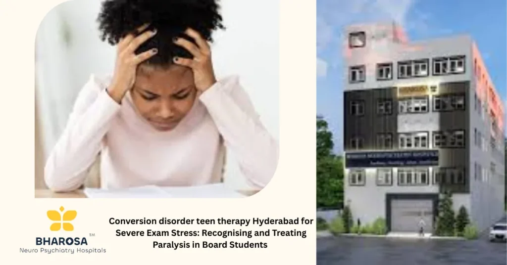 Conversion disorder teen therapy Hyderabad for Severe Exam Stress: Recognising and Treating Paralysis in Board Students 7 Parent and teenager consulting psychiatrist for Conversion disorder teen therapy Hyderabad in a Hyderabad hospital setting