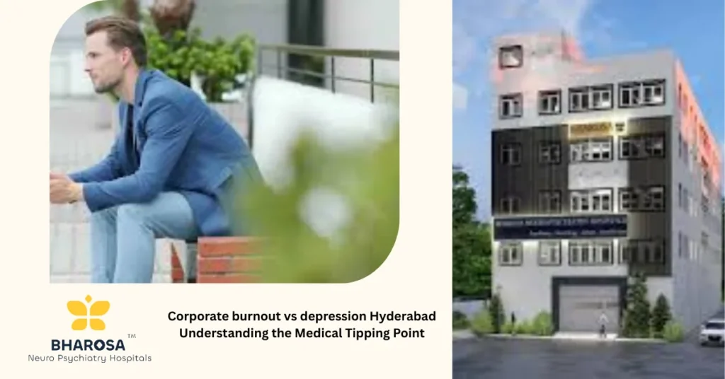 Corporate burnout vs depression Hyderabad IT employee with adrenal fatigue showing visible signs of workplace exhaustion