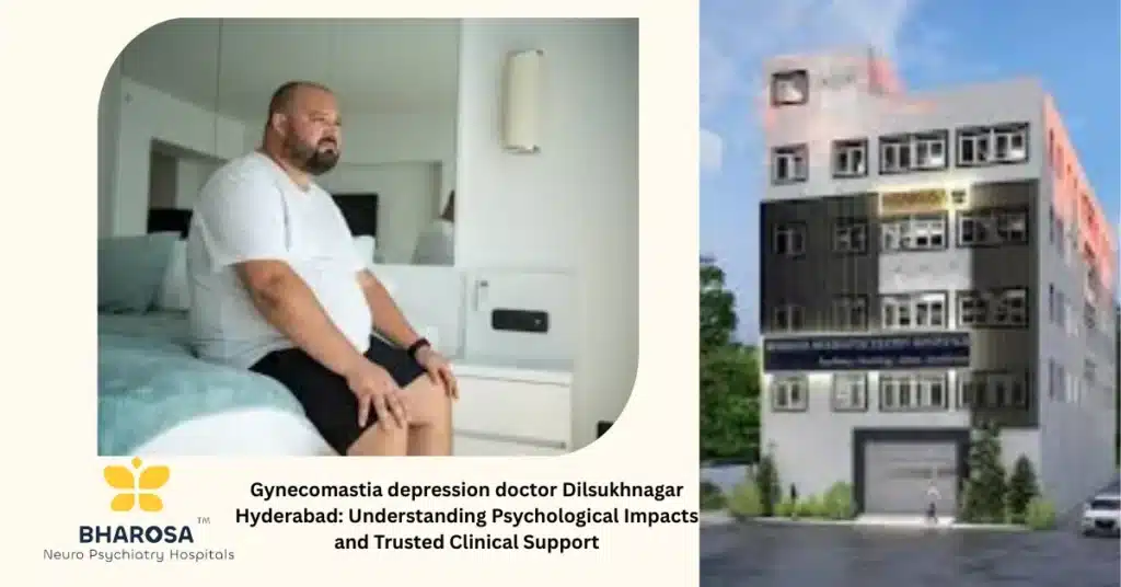 Gynecomastia depression doctor Dilsukhnagar Hyderabad: Understanding Psychological Impacts and Trusted Clinical Support 9 Young man consulting Gynecomastia depression doctor Dilsukhnagar Hyderabad in a supportive hospital setting