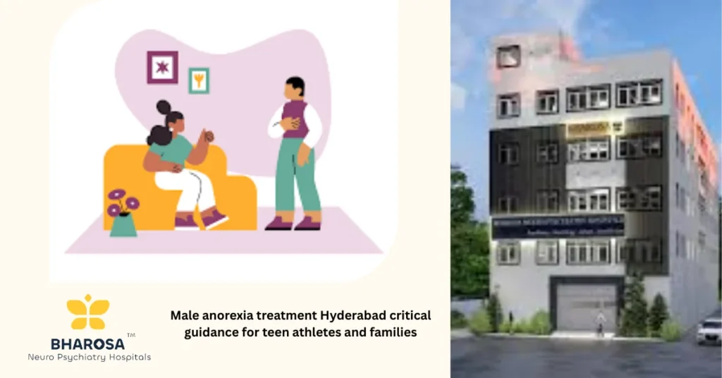 Teen athlete with psychiatrist and parent at Bharosa Neuro-Psychiatry Hospitals Hyderabad receiving male anorexia treatment Hyderabad