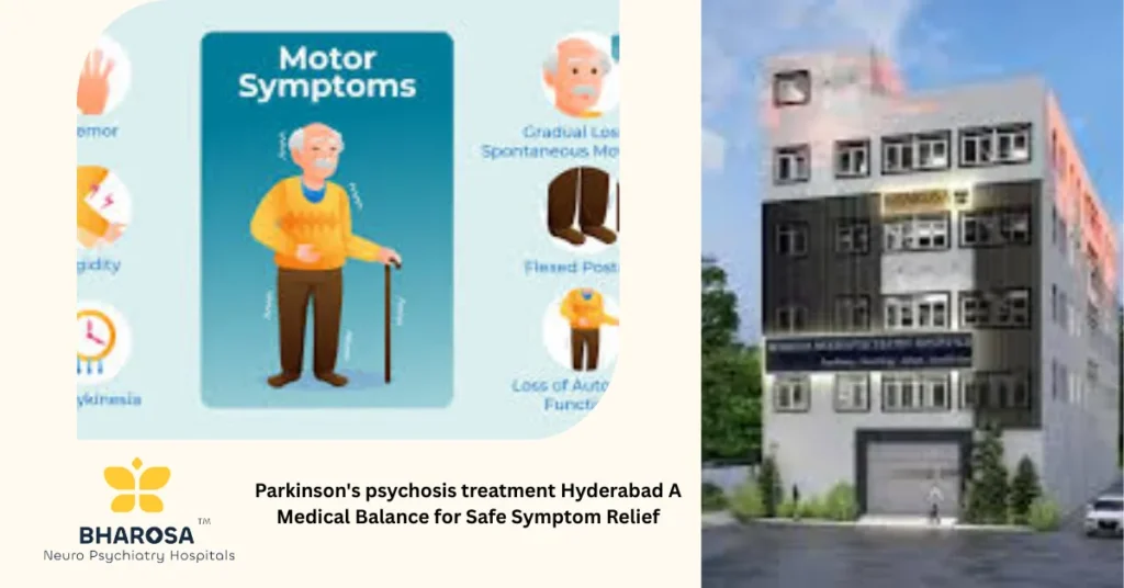 Parkinson’s psychosis treatment Hyderabad A Medical Balance for Safe Symptom Relief 5 Trusted Parkinson's psychosis treatment Hyderabad geriatric psychiatrist and family in clinic