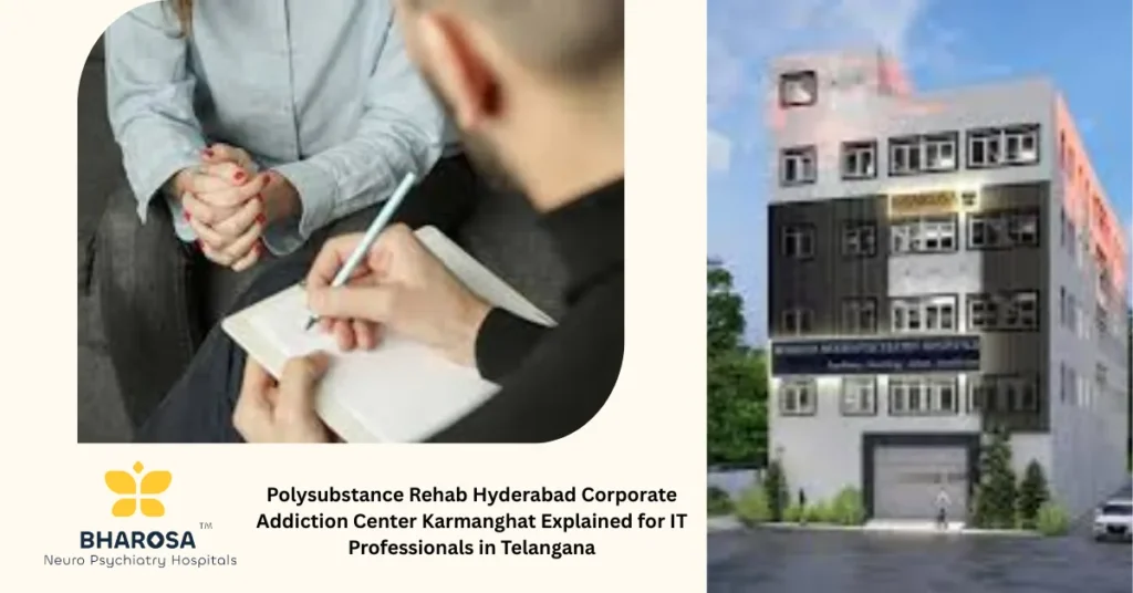 Polysubstance Rehab Hyderabad Corporate Addiction Center Karmanghat IT professional exhausted at desk with stimulants alcohol medication