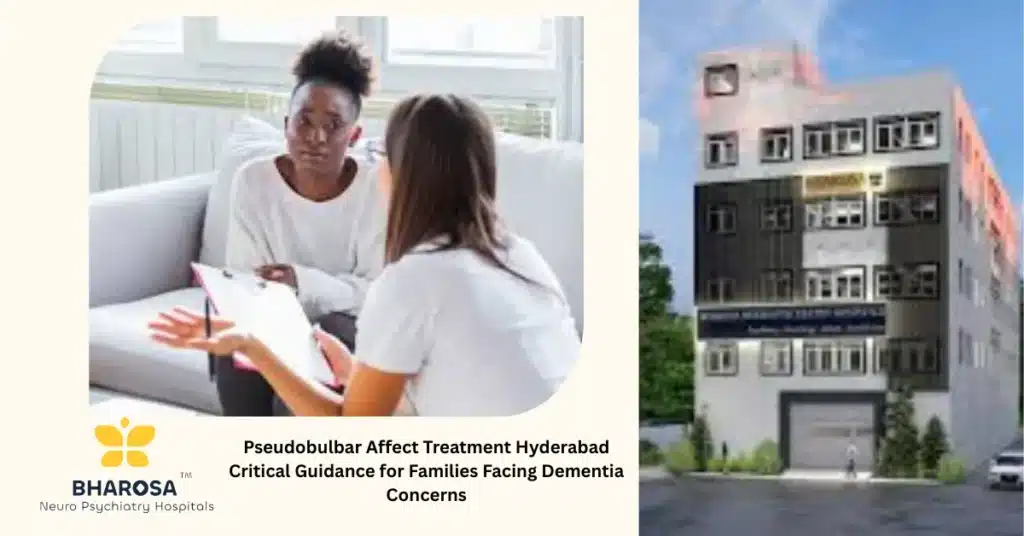 Empathetic psychiatrist explains Pseudobulbar Affect Treatment Hyderabad to family during dementia consultation.