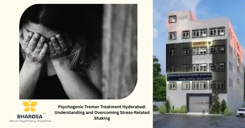 Middle-aged patient with hand tremors consulting a psychiatrist for psychogenic tremor treatment Hyderabad