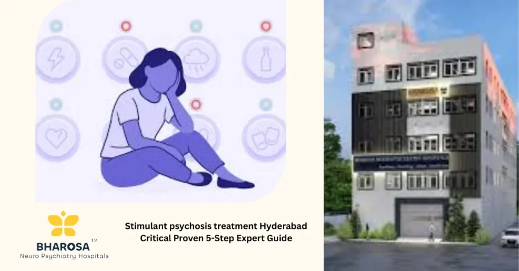 Psychiatrist and patient discussing stimulant psychosis treatment Hyderabad with Bharosa Hospitals app displayed