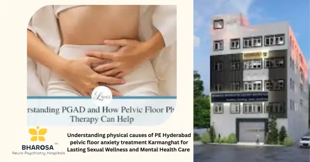 Clinical illustration of physical causes of PE Hyderabad pelvic floor anxiety treatment Karmanghat showing tense pelvic floor muscles in the male pelvis.