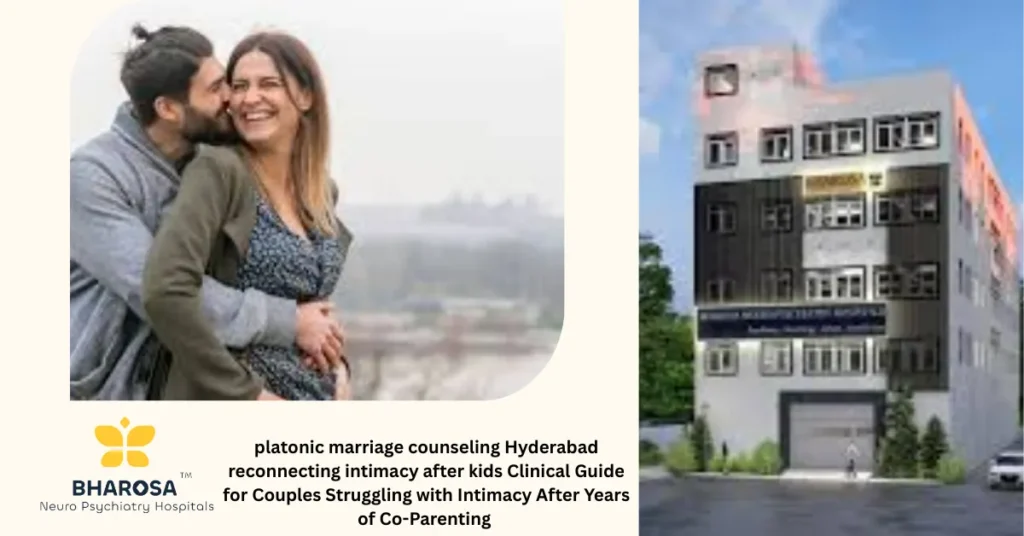Middle-aged couple during platonic marriage counseling Hyderabad reconnecting intimacy after kids at Bharosa Neuro-Psychiatry Hospitals.